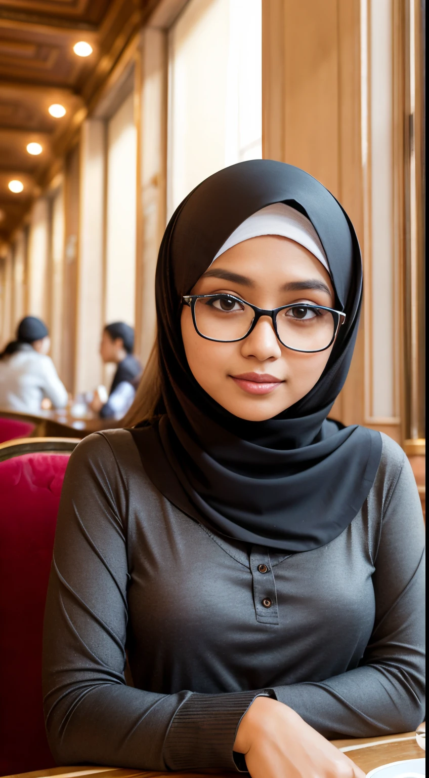(iu:0.8), RAW, Best quality, high resolution, Masterpiece: 1.3, Beautiful cute glasses hijabi javanese woman in parisian cafe, Masterpiece, Perfect slim body, Beautiful big eyes, Soft smile