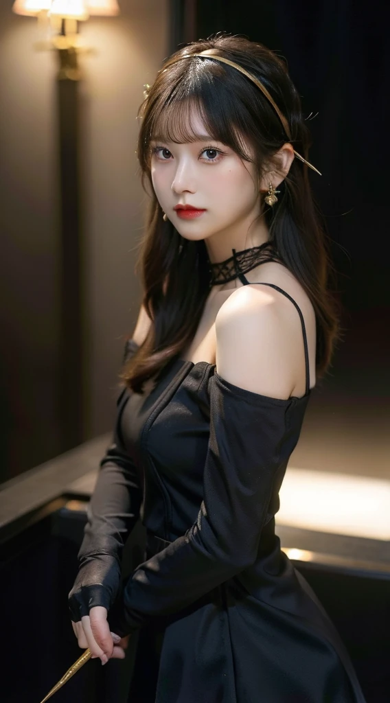 Yor Briar,1girl in, Backlighting, Bare shoulders, Black Dress, Black Gloves, Black hair, Blood on Weapon, breasts, Closed mouth, Dress, deadpan, Fingerless gloves, Floating hair, gloves, Gold Earrings, gold hairband, Hair Flower, Hair Ornament, shairband, holding weapon, Long hair, Looking at Viewer, Off shoulder dress, off shoulders, Rose print, short hair with long locks, side locks, Solo, spikes, thighs thighs thighs thighs, two-sided dress, two-sided fabric, arma, ((masutepiece))