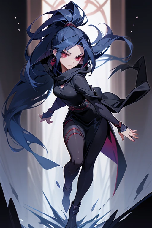 A mysterious female ninja in her late 20s.、Wear less revealing clothing、Long black hair in ponytail、dark blue cloak and hood、deep red scarf、cover your mouth with a muffler、Cold expression、slender and tall、Weapon: 5 very thin steel wires、Anime style full body character image art