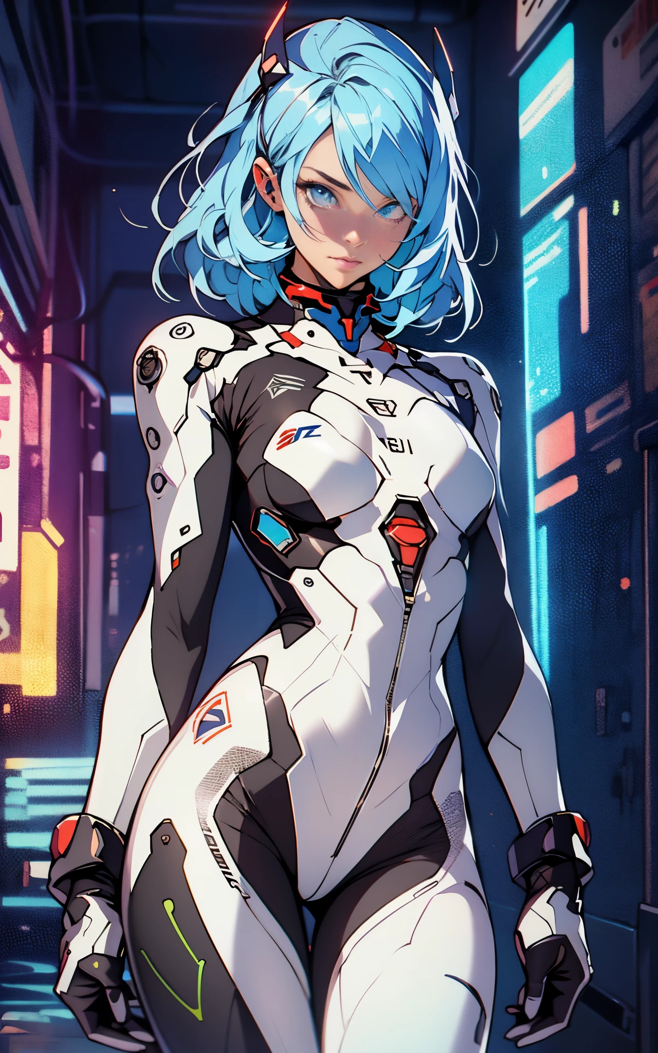 (((Adult Woman))), ((Best Quality)), ((masutepiece)), (Detailed: 1.4), (Absurd), 35-year-old adult woman with Simon Bisley-style micro thong, Genesis evangelion neon style clothing, 2-piece clothing, bobhair, arm tatoo, cybernetic hands, pastel, Centered, scale to fit the dimensions, nffsw (High dynamic range),Ray tracing,NVIDIA RTX,Hyper-Resolution,Unreal 5,Subsurface Dispersion, PBR Texture, Post-processing, Anisotropy Filtering, depth of fields, Maximum clarity and sharpness, Multilayer textures, Albedo and specular maps, Surface Shading, accurate simulation of light and material interactions, Perfect proportions, Octane Render, Two-tone lighting, Wide aperture, Low ISO, White Balance, thirds rule, 8K Raw, Crysisnanosuit,loraeyes,nijistyle,cateyes,Blue hair, Blue eyes