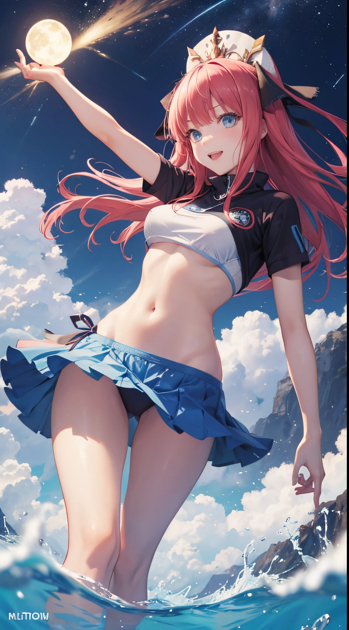 Nino Nakano riendo ,Pose sexy,ropa deportiva ,lago de hielo luz de luna