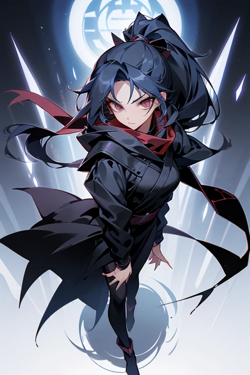 A mysterious female ninja in her late 20s.、Wear less revealing clothing、Long black hair in ponytail、dark blue cloak and hood、deep red scarf、cover your mouth with a muffler、Cold expression、slender and tall、Weapon: 5 very thin steel wires、Anime style full body character image art