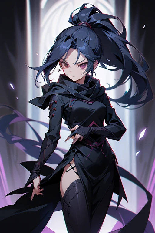 A mysterious female ninja in her late 20s.、Wear less revealing clothing、Long black hair in ponytail、dark blue cloak and hood、deep red scarf、cover your mouth with a muffler、Cold expression、slender and tall、Weapon: 5 very thin steel wires、Anime style full body character image art