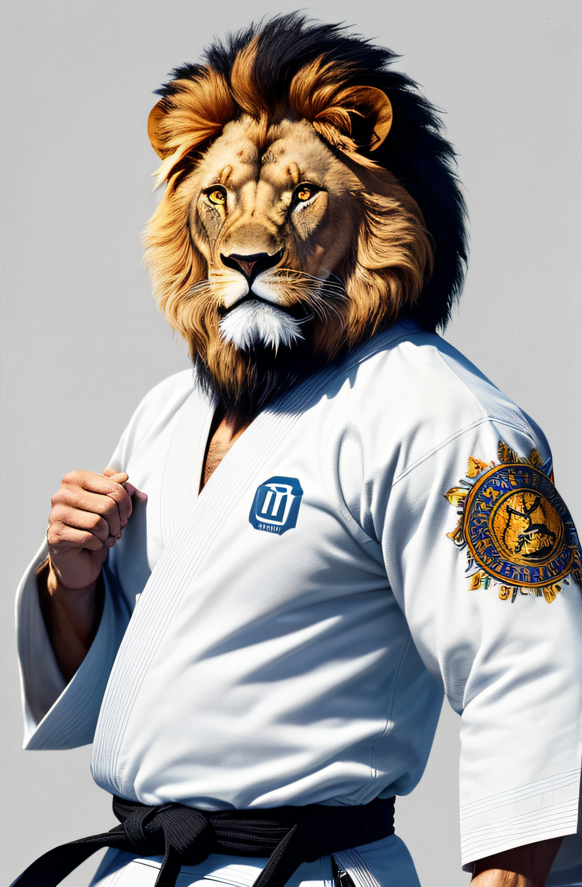 lion dressed in jiujitsu kimono, Leo body, papel de parede 8k extremamente detalhado), intrincado, ricamente detalhado, Dramatic, (lion with white jiu-jitsu kimono), Estilo Tekken, pronto para o combate, Rosto sinistro desenhado com apenas um par de olhos vermelhos aparecendo por baixo, graphics insanely, Escuro, Show the whole person with some distance from the surroundings to get your own license.