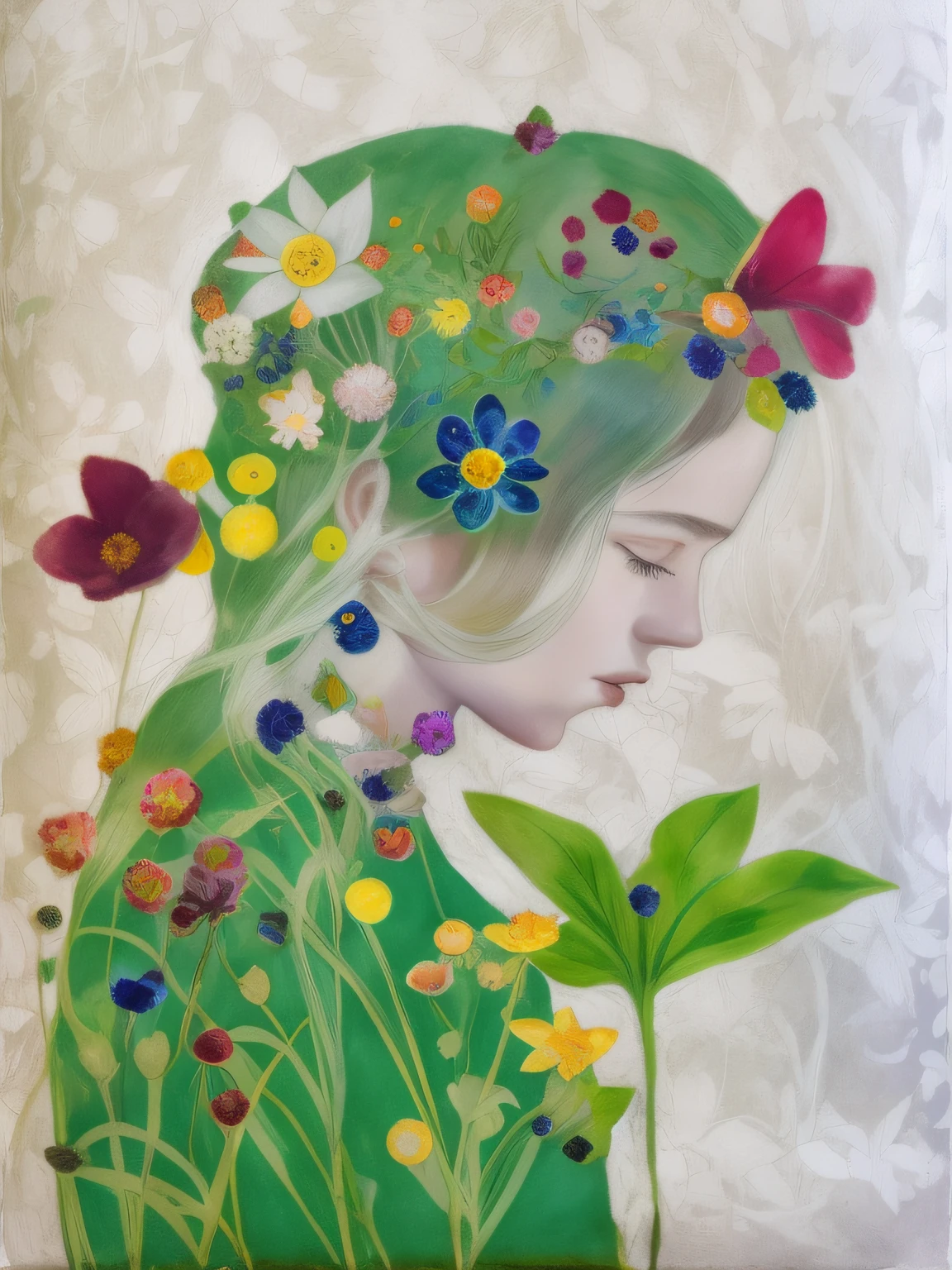 pintura de uma mulher com flores e borboletas em seu cabelo, mulher nas flores, retrato feminino com flores, inspirado em Cecil Beaton, inspirado em Odilon Redon, inspirado por Henriette Wyeth, menina nas flores, inspirado em May Louise Greville Cooksey, envolto em flores e com fios, inspirado por Mary Adshead, mixed media illustration, Painting in mixed media