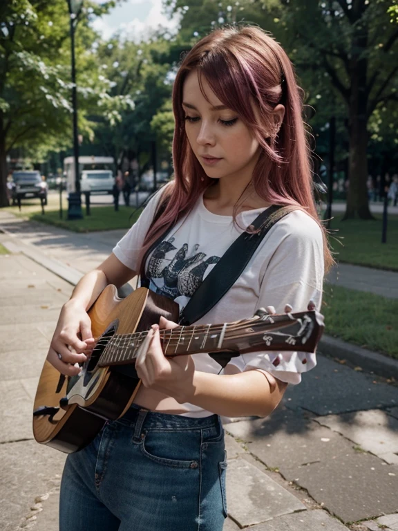 guitarrist、Playing guitar、Street Live、Create ultra-realistic images of cute girls live in the park, A pink-haired, Wearing a black T-shirt and jeans, 8K picture quality, ((1 persons)), extremely delicate and beautiful, magnifica, Official art with attention to detail Amazingly beautiful lighting, with an intricate, (tmasterpiece), (best qualtiy), (Hyper High Detail), (realisticlying:1.3)