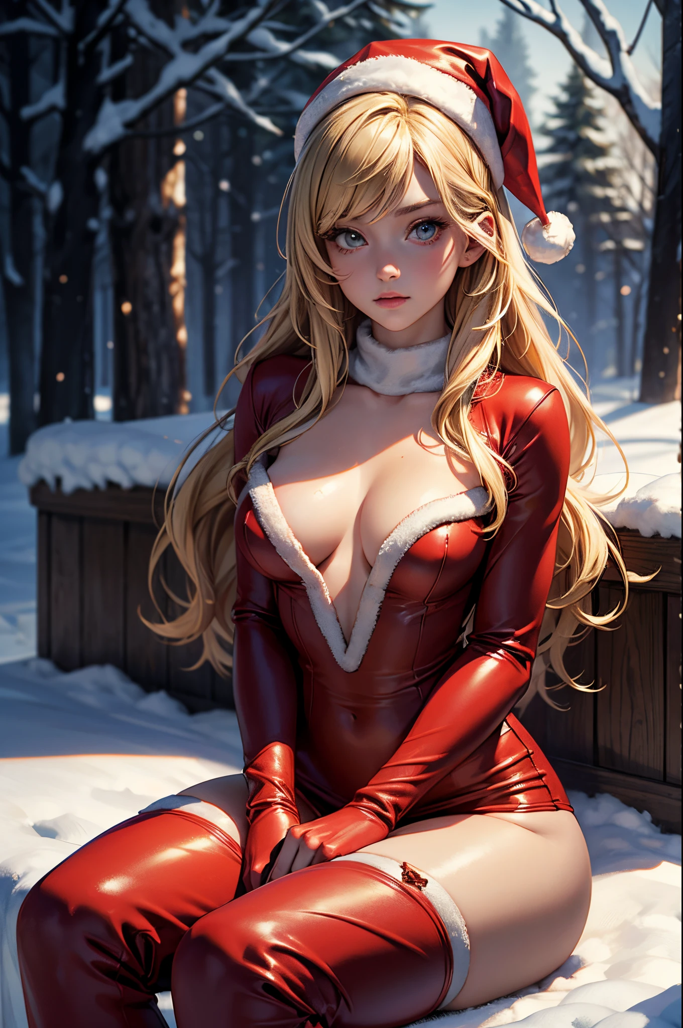 (masterpiece), (best quality), (detailed), light layer, 1solo girl, young girl, perfect body, blonde hair, defined chest, defined collarbone, ultra realistic, photorealistic, detailed, ,Enhance, wearing a santa suit with thigh high red boots and santa cap, outside, black of night, snowflake pattern, sitting