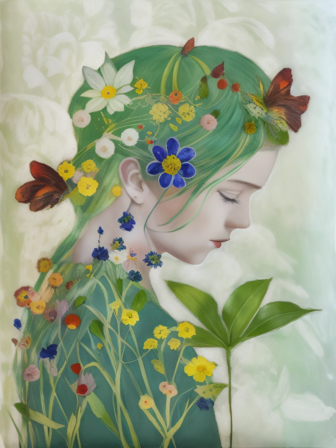 pintura de uma mulher com flores e borboletas em seu cabelo, mulher nas flores, retrato feminino com flores, inspirado em Cecil Beaton, inspirado em Odilon Redon, inspirado por Henriette Wyeth, nas flores, inspirado em May Louise Greville Cooksey, envolto em flores e com fios, inspirado por Mary Adshead, mixed media illustration, Painting in mixed media