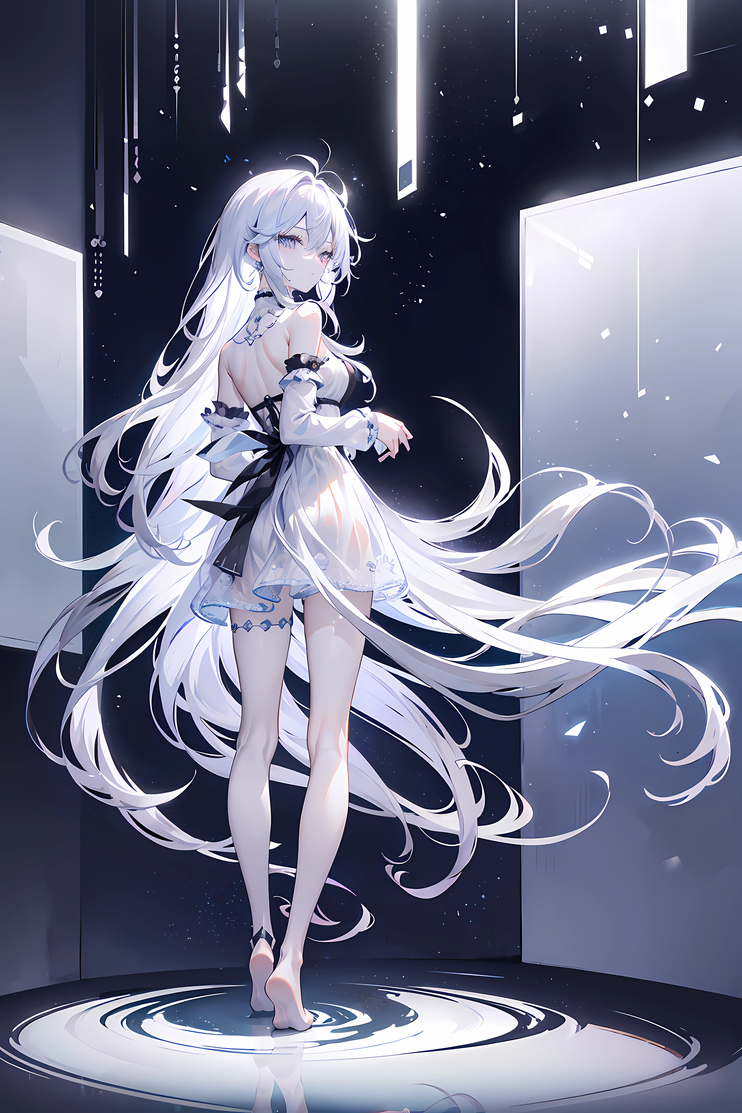 Lilac gradient hair,Asymmetrical hair,（（Hair  very thick 1.8，chiseled head 1.6））， Hair over the shoulder, messy  hair, Very long hair, shinny hair，(Long gray hair:1.2),A beautyful girl，（Luxury Platinum Mini Ultra Short Platinum Lolita，Made of transparent material），（Transparent clothes transparent 1.8），perfect body figure，Large slender legs，slenderness，(looking sad，Haggard complexion ，grieves，shut up：1.2） Against the backdrop of an unusually bright dark starry sky，（Place your hands behind your back），（Round,tuba, strong chest），The barefoot，afloat，waterface，（long leges，long leges，long leges，Gestalt），fully body photo。