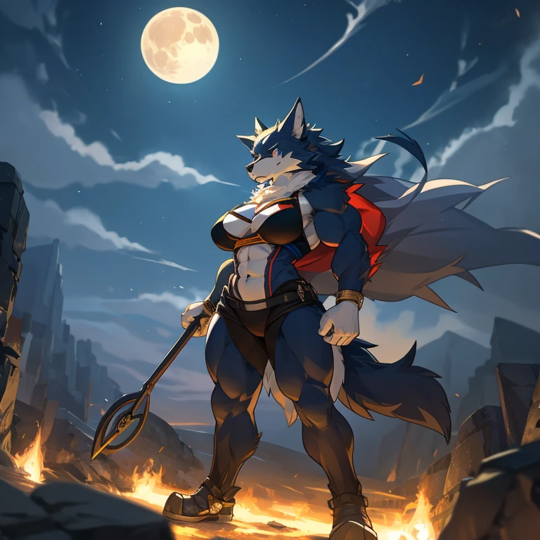 top quality, best quality, High-quality illustrations, masterpiece, depth of field(highly detailed beautiful face and eyes)absurdres, perfect anatomy, Werewolf, howling, red full moon, on cliff, fog(kemono, super hot woman, solo focus, muscle, hero pose)(furry anthro)full body, wide shot, c-shaped composition,