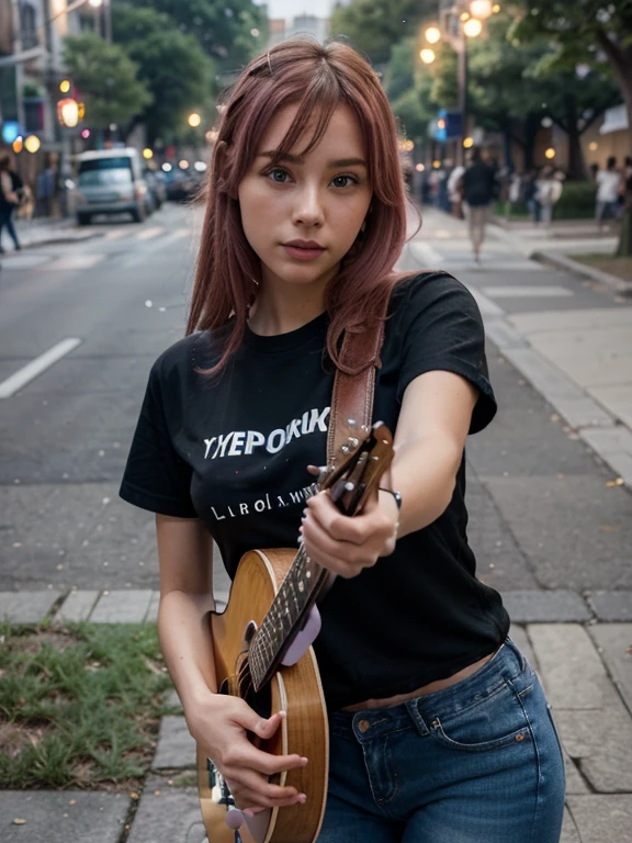 Playing guitar、Street Live、perform in public (Large crowds)Create ultra-realistic images of cute girls live in the park, A pink-haired, black t-shirt and short jeans,huge tit、 8K picture quality, ((1 persons)), extremely delicate and beautiful, magnifica, Official art with attention to detail Amazingly beautiful lighting, with an intricate, (tmasterpiece), (best qualtiy), (Hyper High Detail), (realisticlying:1.3)