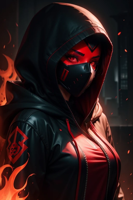 female character, hood, dark room, red neon, mask, dark, eyes coming out fire