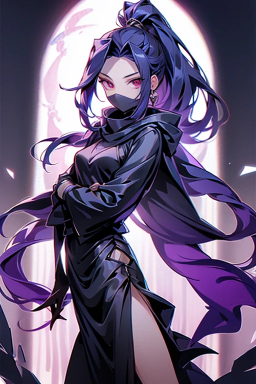 A mysterious female ninja in her late 20s.、Wear less revealing clothing、Long black hair in ponytail、dark blue cloak and hood、deep red scarf、cover your mouth with a muffler、Cold expression、slender and tall、Weapon: 5 very thin steel wires、Anime style full body character image art