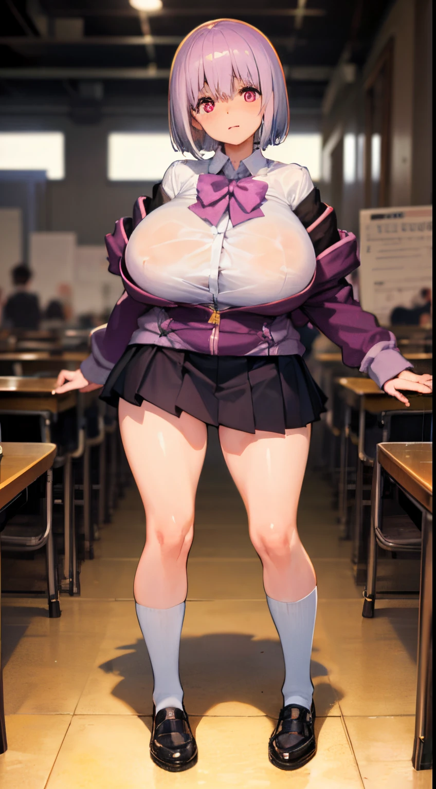 (((Huge breasts :1.3, and droopy breasts:1.4))), 8k, RAW photo, Low angle shot, ((, very cute schoolgirl)), (girl school uniform), (wearing school uniform), (school uniform), (a hyperrealistic schoolgirl), (dressed as schoolgirl, hyperrealistic schoolgirl), wearing school uniform, realistic schoolgirl, girl wearing uniform, wearing a school uniform, a schoolgirl posing, full body, nice skin, glowing skin, nice thighs, glowing thigh, glowing legs, ((in a crowded class room)) (converse shoes with long socks until below of knees), perfect body, wet body: 1.3, tanned skin, standing, full body from feet until hair, sexy pose, sexy look, sexy shot, Indonesian school girlakaneshinjou, shinjou akane, light purple hair, (pink eyes:1.2), short hair,