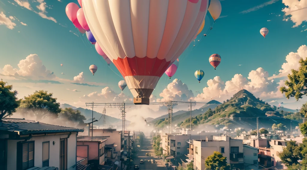 5 large white balloons,((hyper realistic detailed)),globalillumination, shadowing, octaneratingrendering, 8K, iintricate, cool colours, sunlights，sunills，tall house，exhaust emissions，Guangzhou，The Car，城市，the street，crowd of，in style of kyoto animation，Kyoto Animation