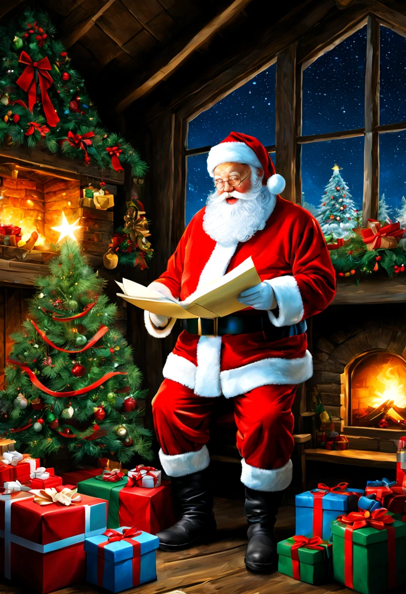 In a European style house，Santa Claus  looking at the gift list，Christmas Tree Gift Decoration, santa, cada，Robin，Christmas elements，European style，The flat  full of Christmas gifts，Very high resolution, traditional art, Studio Santa Claus, ultrahigh resolution, illustration, Christmas Night, extremely high resolution, Santa Claus in a rural barn, Hyper Realisitc，exquisite、best quality、ultra detailed、colorful