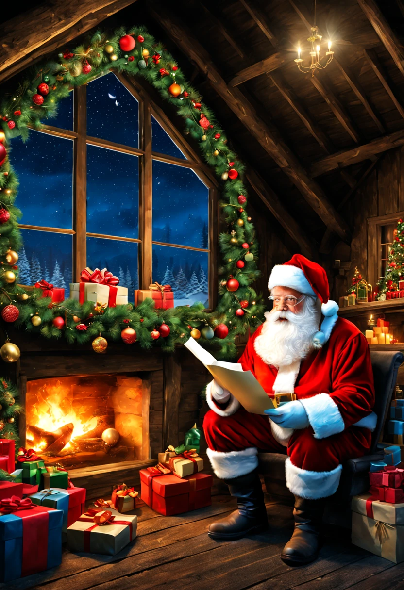In a European style house,Santa Claus looking at the gift list,Christmas Tree Gift Decoration, santa, cada,Robin,Christmas elements,European style,The flat full of Christmas gifts,Very high resolution, traditional art, Studio Santa Claus, ultrahigh resolution, illustration, Christmas Night, extremely high resolution, Santa Claus in a rural barn, Hyper Realisitc,exquisite、best quality、ultra detailed、colorful