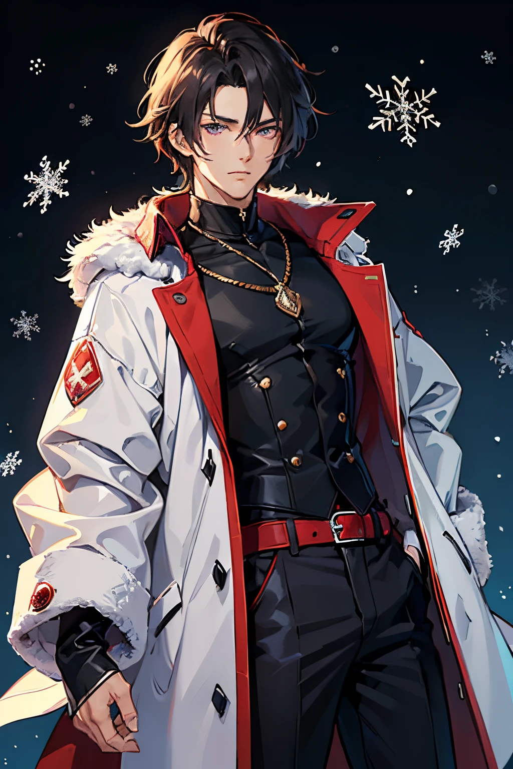 masutepiece, High quality, superclear, super detailed, (((( Male handsome man, Age 30 years old, )))), Purple eyes, Cool with droopy eyes, V-shaped eyebrows, Strong and fearless body 8.Height 5 horses, 185 cm, Cool, well-groomed black hair、short hair up to the neck, (((I divided my bangs into 3 equal parts.....))), slender nose, face muscles, Throat, Cold expression, (((Clothes are winter fashion))), (((background snowflakes))), nigh sky