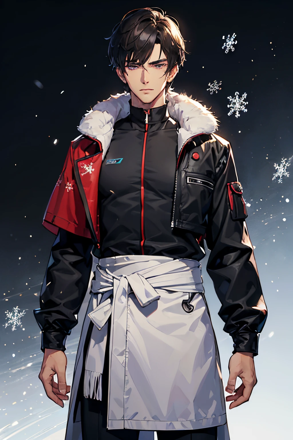 masutepiece, High quality, superclear, super detailed, (((( Male handsome man, Age 30 years old, )))), Purple eyes, Cool with droopy eyes, V-shaped eyebrows, Strong and fearless body 8.Height 5 horses, 185 cm, Cool, well-groomed black hair、short hair up to the neck, (((I divided my bangs into 3 equal parts.....))), slender nose, face muscles, Throat, Cold expression, (((Clothes are winter fashion))), (((background snowflakes))), nigh sky
