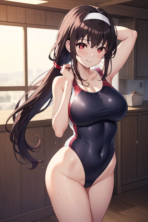 kasumigaokautaha, ((full body)), ((full pose)) utaha kasumigaoka, black hair, hairband, long hair, ((pony tail)), (red eyes:1.5), masterpiece, best quality, highres, kasumigaoka utaha, 1girl, solo, ((standing)), ((red glasselue one body swimsuit:1.4)),  ((hands behind head:1.4)), medium breasts, blushing, black hair, hairband, red eyes, ((white hairband)), bangs, medium breasts, blushing, ((happy face)), ((wide smile)), ((wet skin)), cowboy shot, ((looking at viever)), ((view from down)), living room background