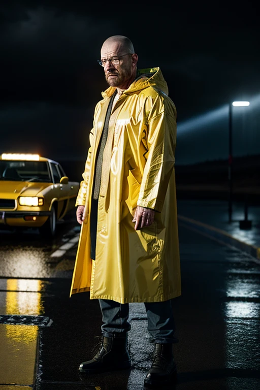 there a man standing in the rain in a yellow raincoat, 8 k movie still, movie still 8 k, walter white as thor, photorealistic logan movie still, 4 k movie still, 4k movie still, standing in the rain, dramatic sci-fi movie still, walter white as batman, 8 k film still, walter white as thanos