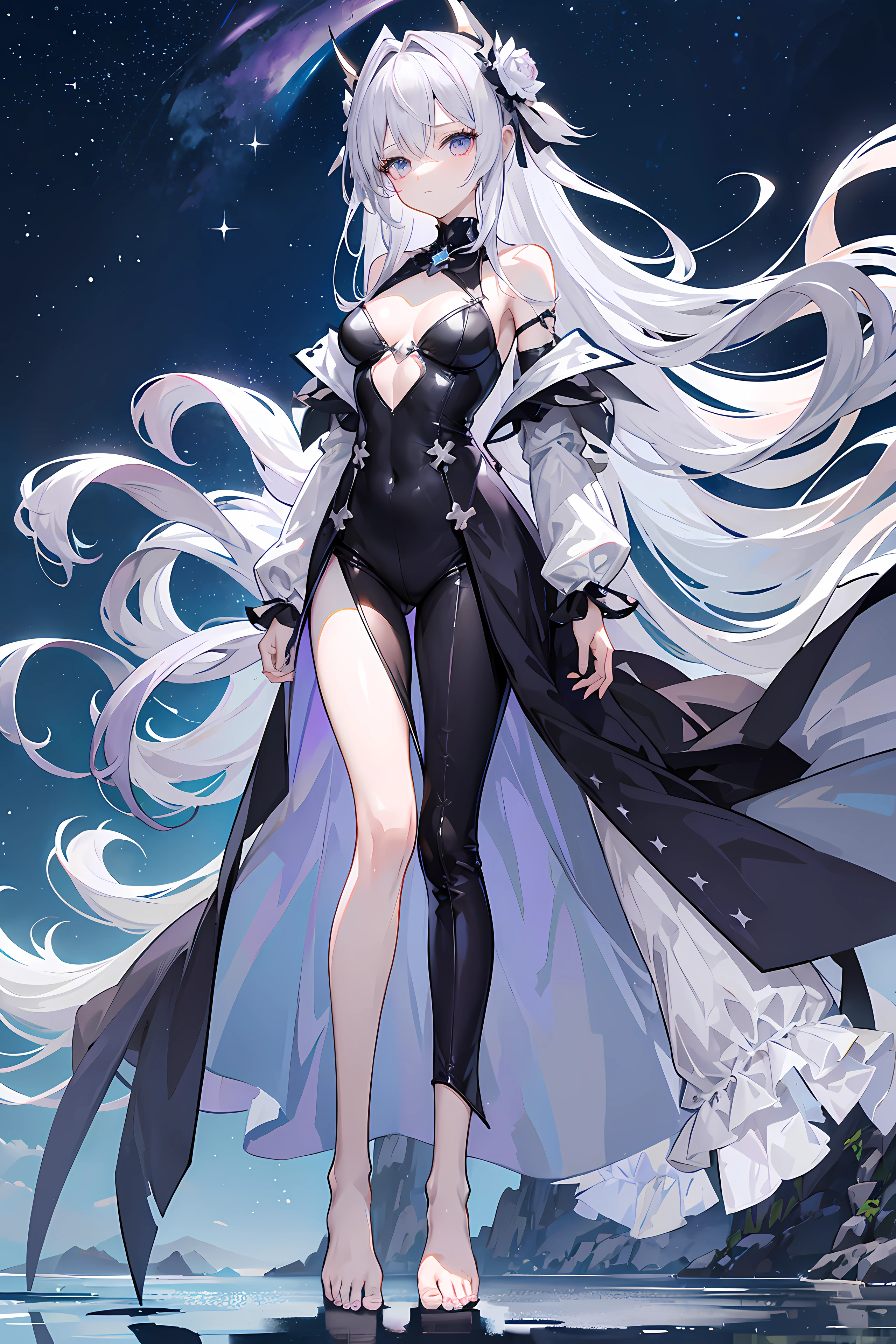Lilac gradient hair,Asymmetrical hair,((Hair very thick 1.8,chiseled head 1.6)), Hair over the shoulder, messy hair, Very long hair, shinny hair,(Long gray hair:1.2),A beautyful girl,(Luxury Platinum Mini Ultra Short Platinum ta,Made of transparent material),(Transparent clothes transparent 1.8),perfect body figure,Large slender legs,slenderness,(looking sad,Haggard complexion ,grieves,shut up:1.2) Against the backdrop of an unusually bright dark starry sky,(Place your hands behind your back),(Round,tuba, strong chest),The barefoot,afloat,waterface,(long leges,long leges,long leges,Gestalt),fully body photo。