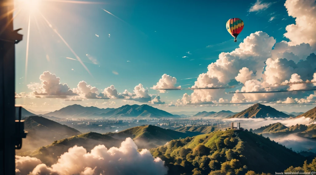 5 white balloontremely large)), ,((A cylindrical device hangs under the balloon)),globalillumination, cel shadow, Octagonal rendering, 8K, iintricate, cool colours, rays of sunshine,Sunils,High house,Exhaust emissions,Guangzhou,The Car,城市,the street,crowd of,in style of kyoto animation,Kyoto Animation