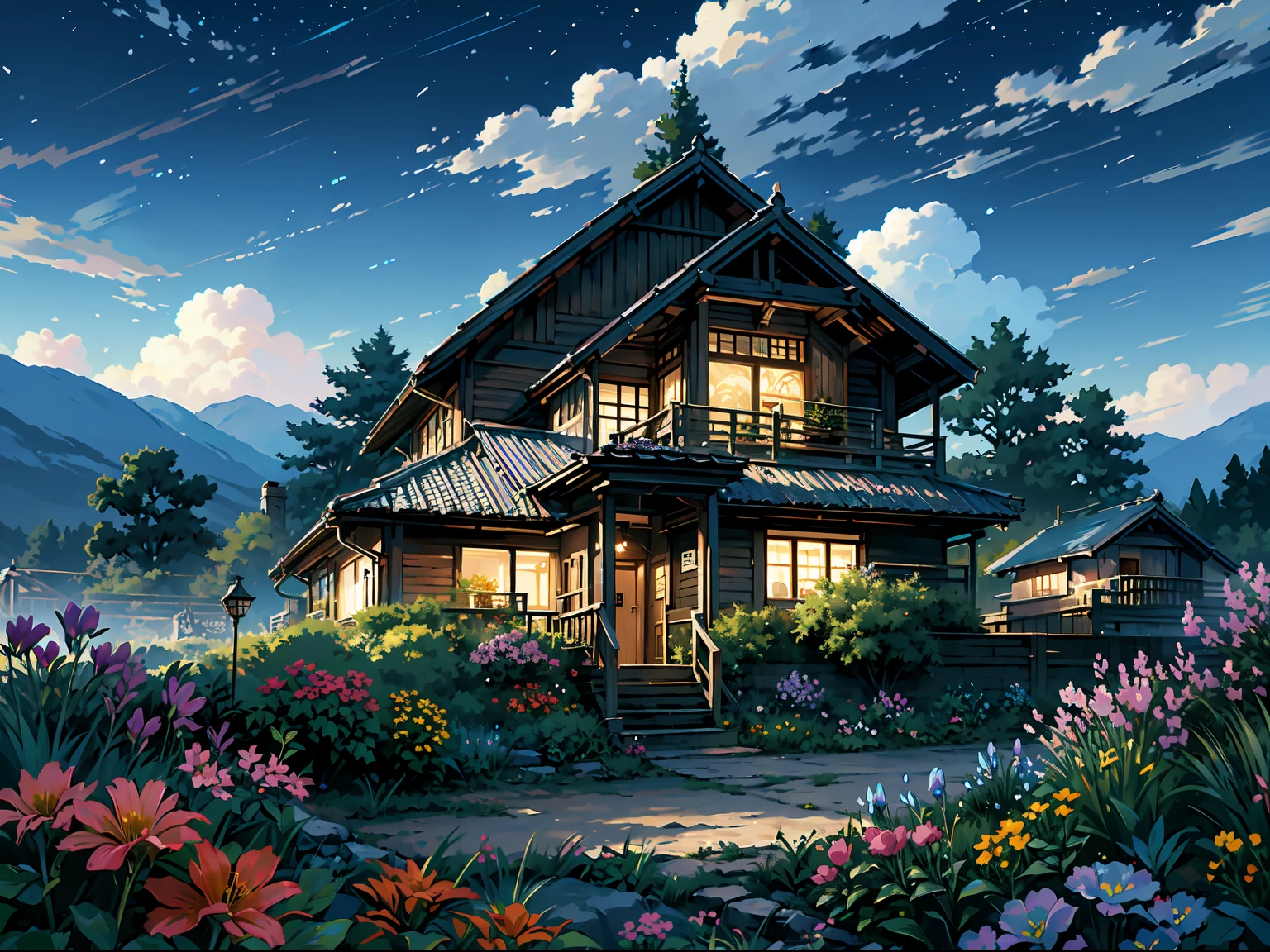 (masterpiece, best quality:1.2), (no human:1.3), garden, beautiful, (night, dark, no light, darkness, shadow:1.3), clouds, clean, shack, fence, (flowers, minimalism:1.4), ultra clean, Ultra detailed, studio ghibli, landscape, wallpaper, clean, warm tone, god rays, anime style, cinematic lighting, bloom, ray tracing, reflection light, masterpiece, super detail, highres, best quality