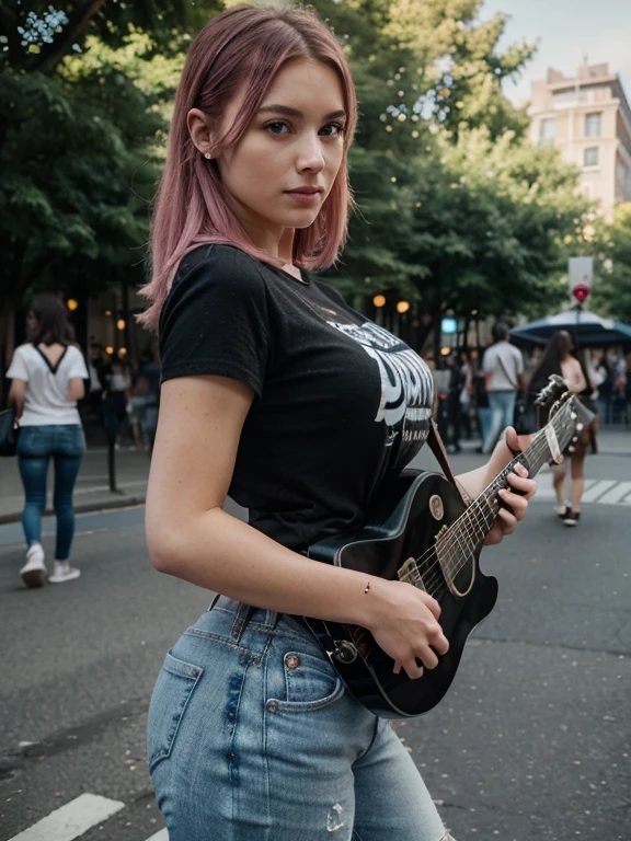 huge tit、Breasts are big、Playing guitar、Street Live、Large crowd、Cute girl live in the park、Create realistic images, A pink-haired, black t-shirt and short jeans,huge tit、 8K picture quality, ((1 persons)), extremely delicate and beautiful, magnifica, Official art with attention to detail Amazingly beautiful lighting, with an intricate, (tmasterpiece), (best qualtiy), (Hyper High Detail), (realisticlying:1.3)