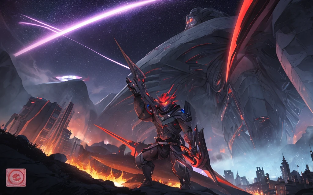 People on the mountain watch a city on fire during a lightning storm,Reapers descend from the sky in chariots with scythes in hand.