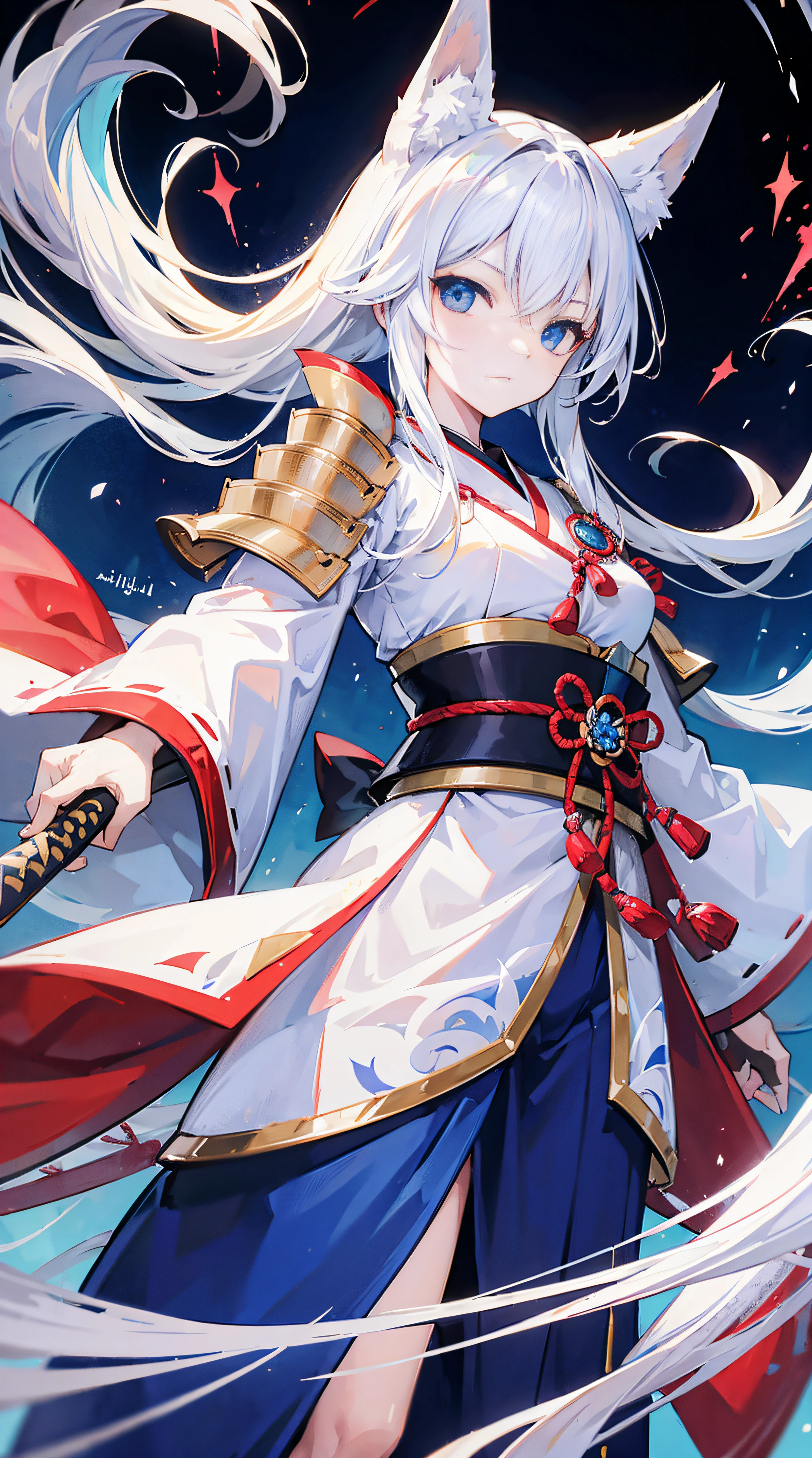 high high quality, tmasterpiece, ultra - detailed, White Fox Samurai, Long gray hair, captivating blue eyes, holding a katana, Japanese-style armor, fiery background