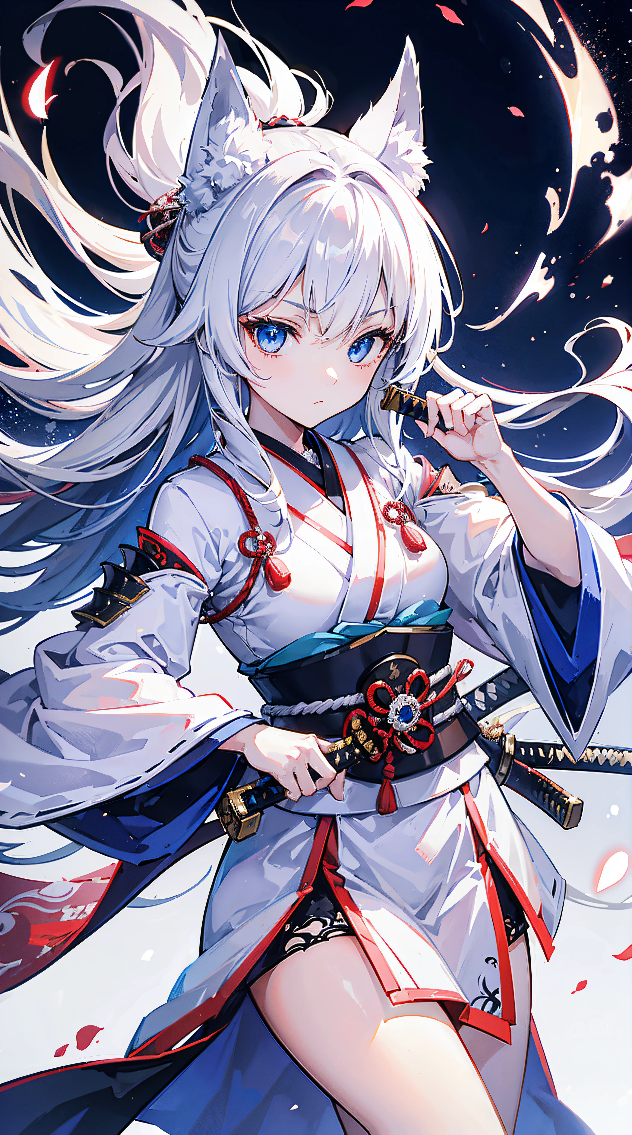 high high quality, tmasterpiece, ultra - detailed, White Fox Samurai, Long gray hair, captivating blue eyes, holding a katana, Japanese-style armor, fiery background