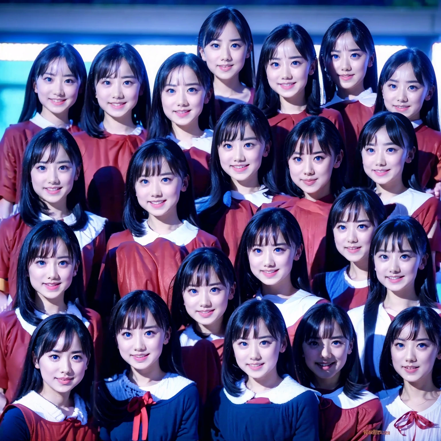 Raw photo、(((multiple girls))),((((6+girls)))),((((100girls)))),(((1000girls)))、((((100 Girls))))、((((Gigantic Breasts))))、Women only、The same face、matching school uniform、12 years old、Long black hair、100 cute girls going to school、a smile、Commuting to school、School route、(((Large group)))、a junior high school student