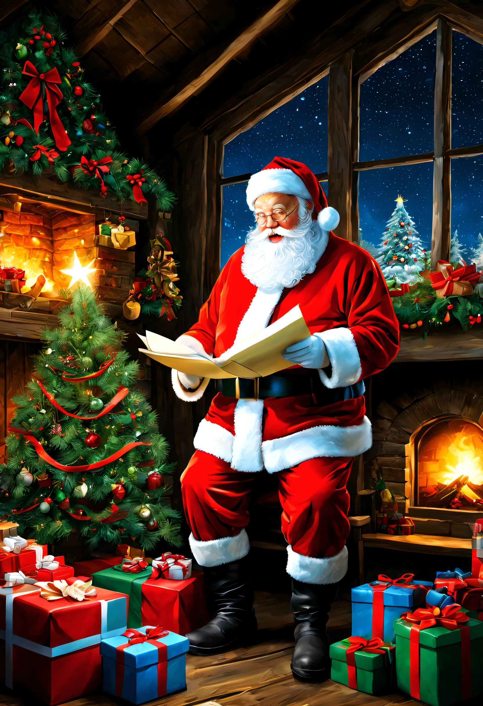 In a European style house,Santa Claus looking at the gift list,Christmas Tree Gift Decoration, santa, cada,Robin,Christmas elements,European style,The flat full of Christmas gifts,Very high resolution, traditional art, Studio Santa Claus, ultrahigh resolution, illustration, Christmas Night, extremely high resolution, Santa Claus in a rural barn, Hyper Realisitc,exquisite、best quality、ultra detailed、colorful