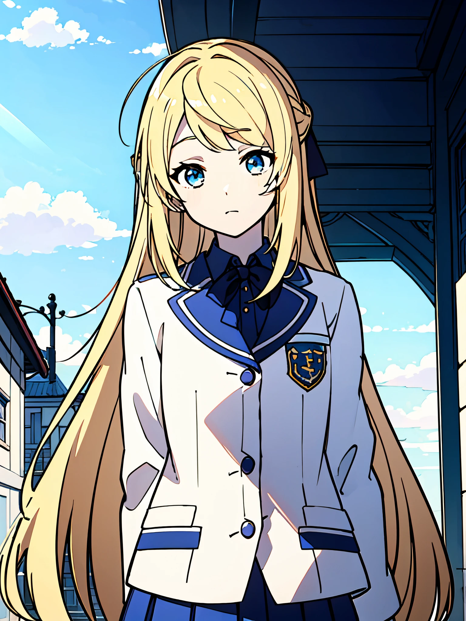 (masterpiece:1.2), (pale skin:1.2), (solo:1.2), (female:1.1), (emphasis lines:1.3), (school_uniform), courtyard, outdoors, blonde hair, blue eyes, blue sky