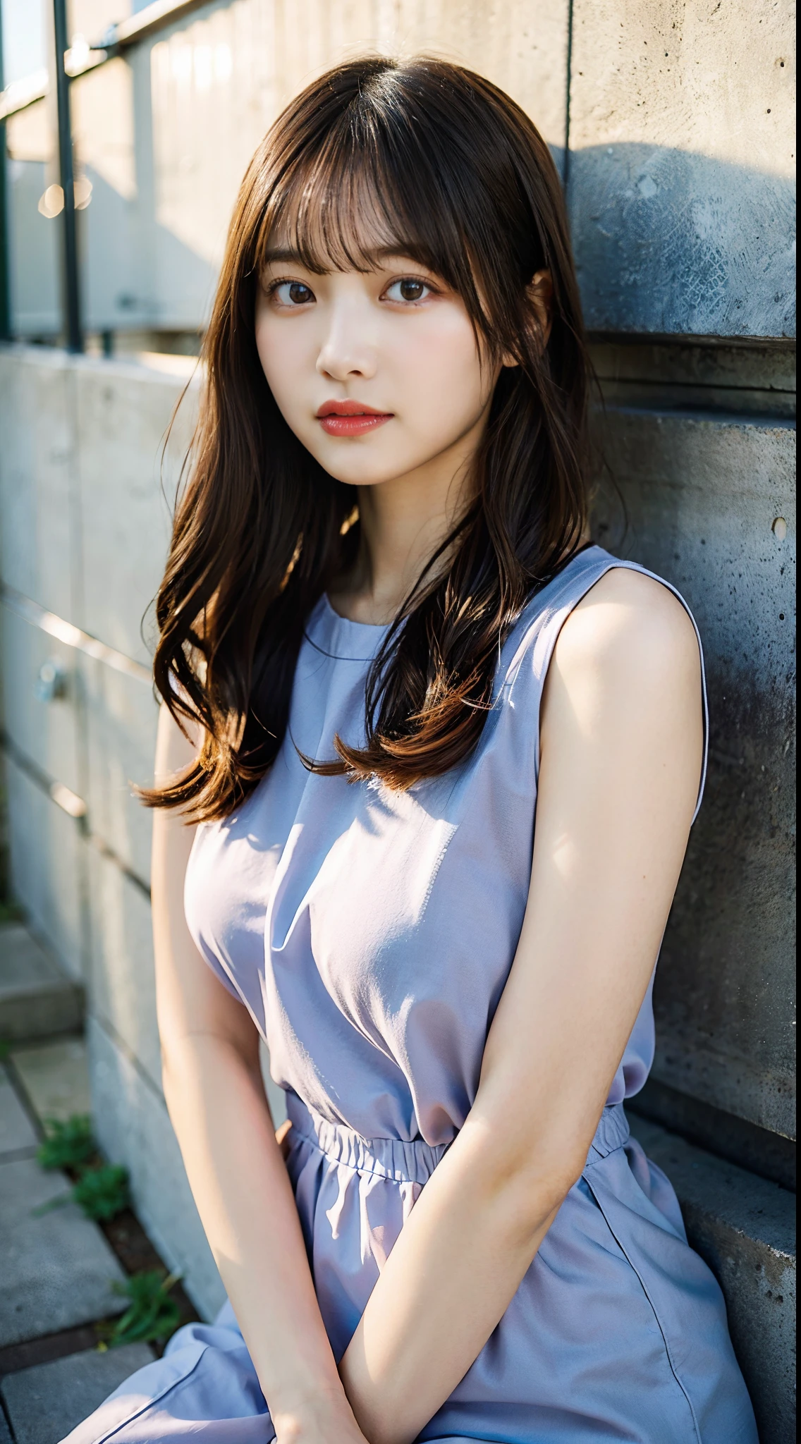 (top-quality、16K resolution)***1人、natural soft light、A Japanese Lady、Concrete background、Facing the front、Woman in her late teens、Light bangs、Salon model、Natural look、portlate、floated hair