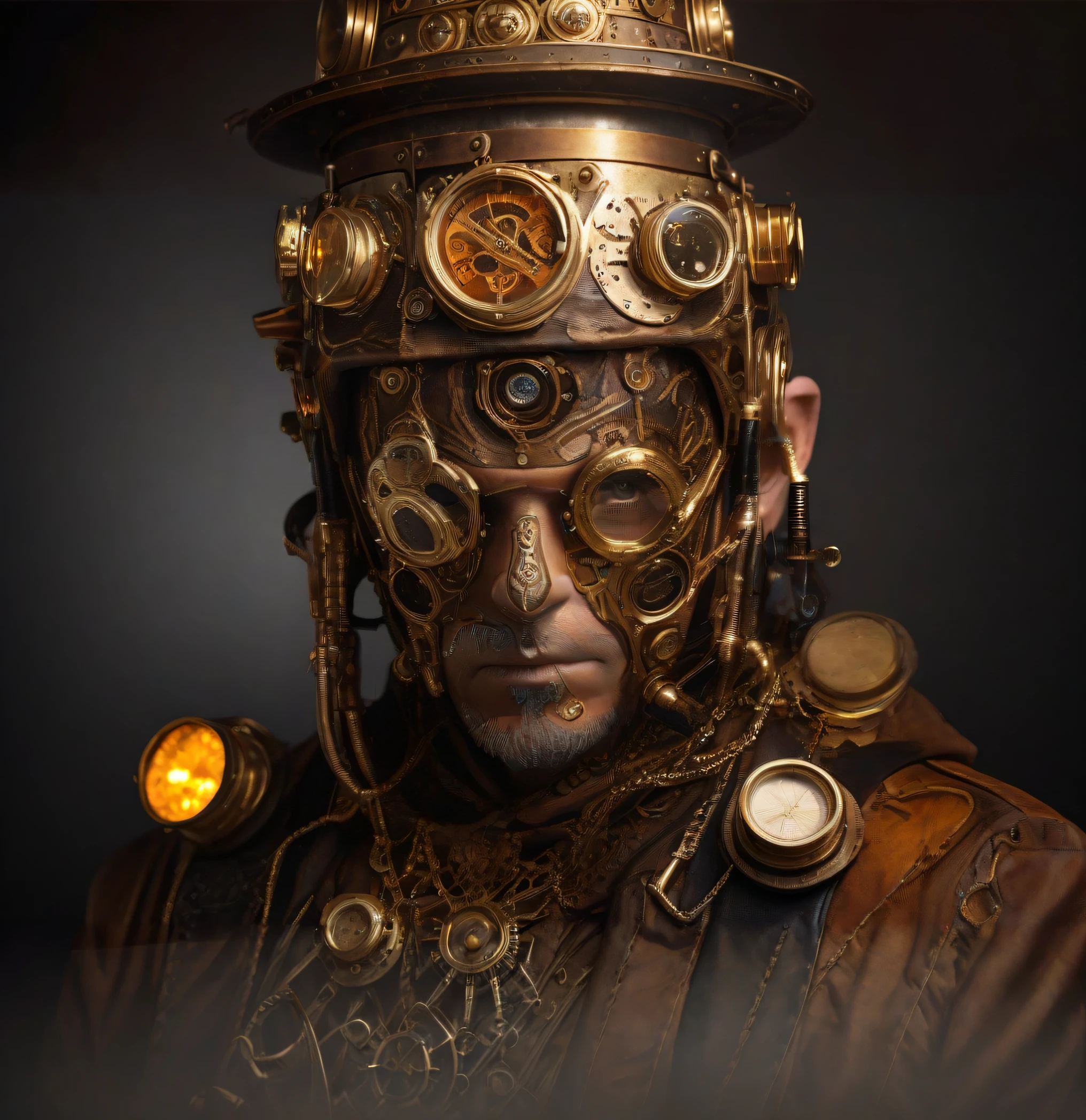 there  a man wearing a steam - powered helmet with many gears, steampunk male portrait, steam-punk, steampunk engineer, wearing steampunk attire, steampunk tech, golden steampunk, steampunk imagery themed, steampunk warrior, steam punk, sci-fi steampunk, steampunk jesus, steampunc, steampunk design, closeup portrait of an artificer, steampunk wizard, steampunk