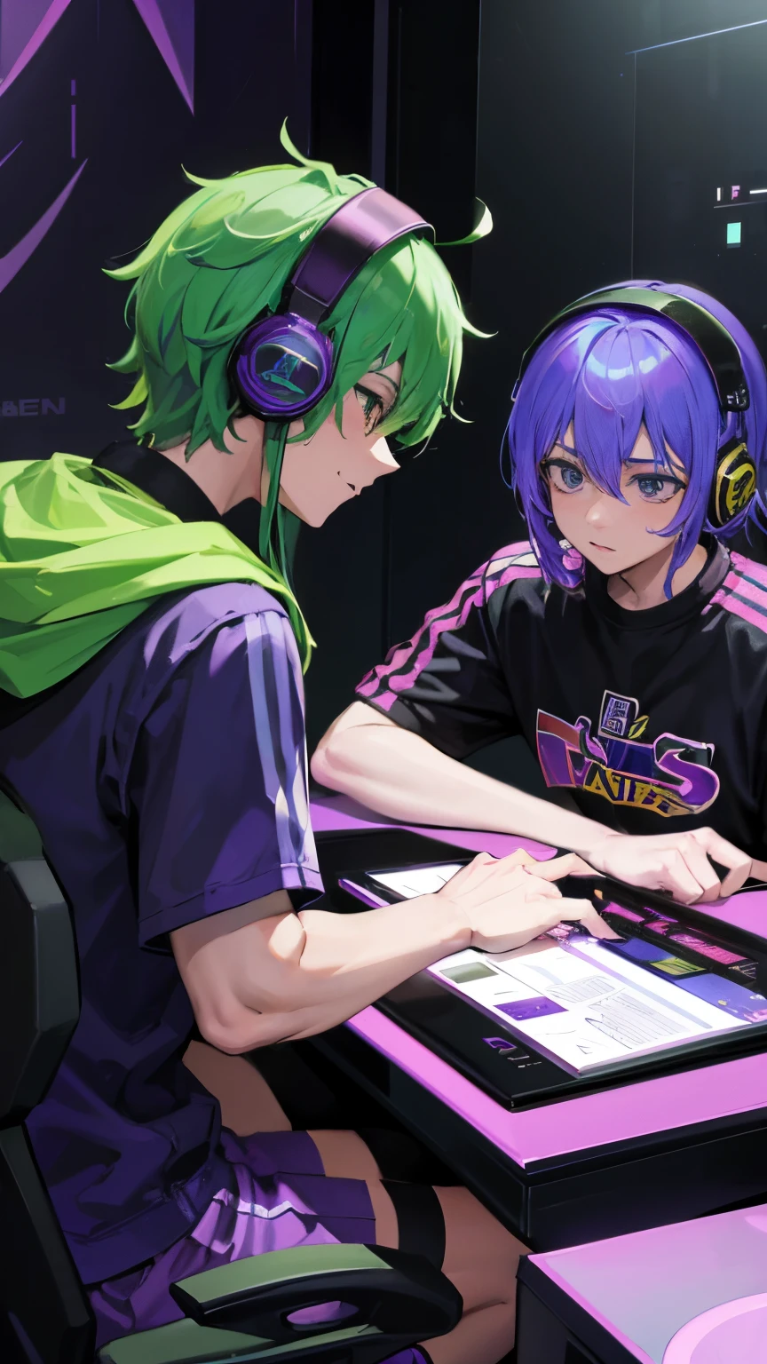 2 men wearing gaming headsets and purple and gold esports jerseys, a man with blue hair that says "'huda"', a man with green hair that says "'HADY"', game theme.