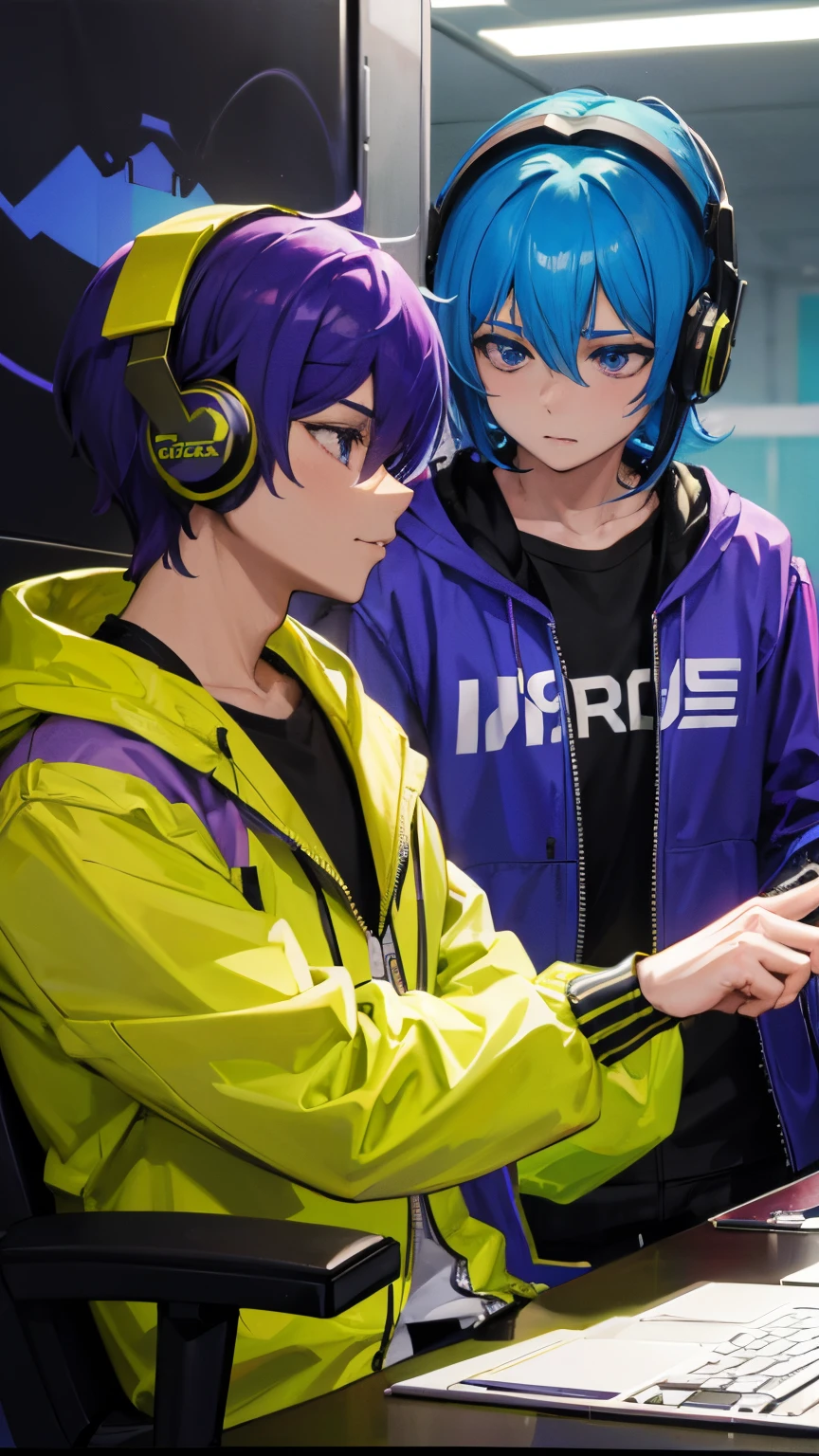2 men wearing gaming headsets and purple and gold esports jerseys, a man with blue hair that says "'huda"', a man with green hair that says "'HADY"', game theme.