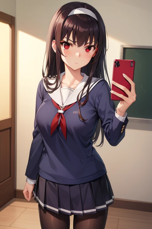 kasumigaokautaha, ((full body)), ((full pose)) utaha kasumigaoka, black hair, hairband, long hair, (red eyes:1.5), masterpiece, best quality, highres, kasumigaoka utaha, 1girl, solo, ((standing)), long sleeves, school uniform, skirt, pantyhose, ((selfie:1.4)), medium breasts, blushing, black hair, hairband, red eyes, ((white hairband)), bangs, medium breasts, blushing, ((serious face)), cowboy shot, ((looking at viever)), school background