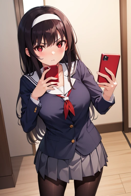 kasumigaokautaha, ((full body)), ((full pose)) utaha kasumigaoka, black hair, hairband, long hair, (red eyes:1.5), masterpiece, best quality, highres, kasumigaoka utaha, 1girl, solo, ((standing)), long sleeves, school uniform, skirt, pantyhose, ((selfie:1.4)), medium breasts, blushing, black hair, hairband, red eyes, ((white hairband)), bangs, medium breasts, blushing, ((serious face)), cowboy shot, ((looking at viever)), school background