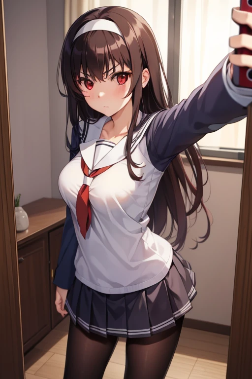 kasumigaokautaha, ((full body)), ((full pose)) utaha kasumigaoka, black hair, hairband, long hair, (red eyes:1.5), masterpiece, best quality, highres, kasumigaoka utaha, 1girl, solo, ((standing)), long sleeves, school uniform, skirt, pantyhose, ((selfie:1.4)), medium breasts, blushing, black hair, hairband, red eyes, ((white hairband)), bangs, medium breasts, blushing, ((serious face)), cowboy shot, ((looking at viever)), school background