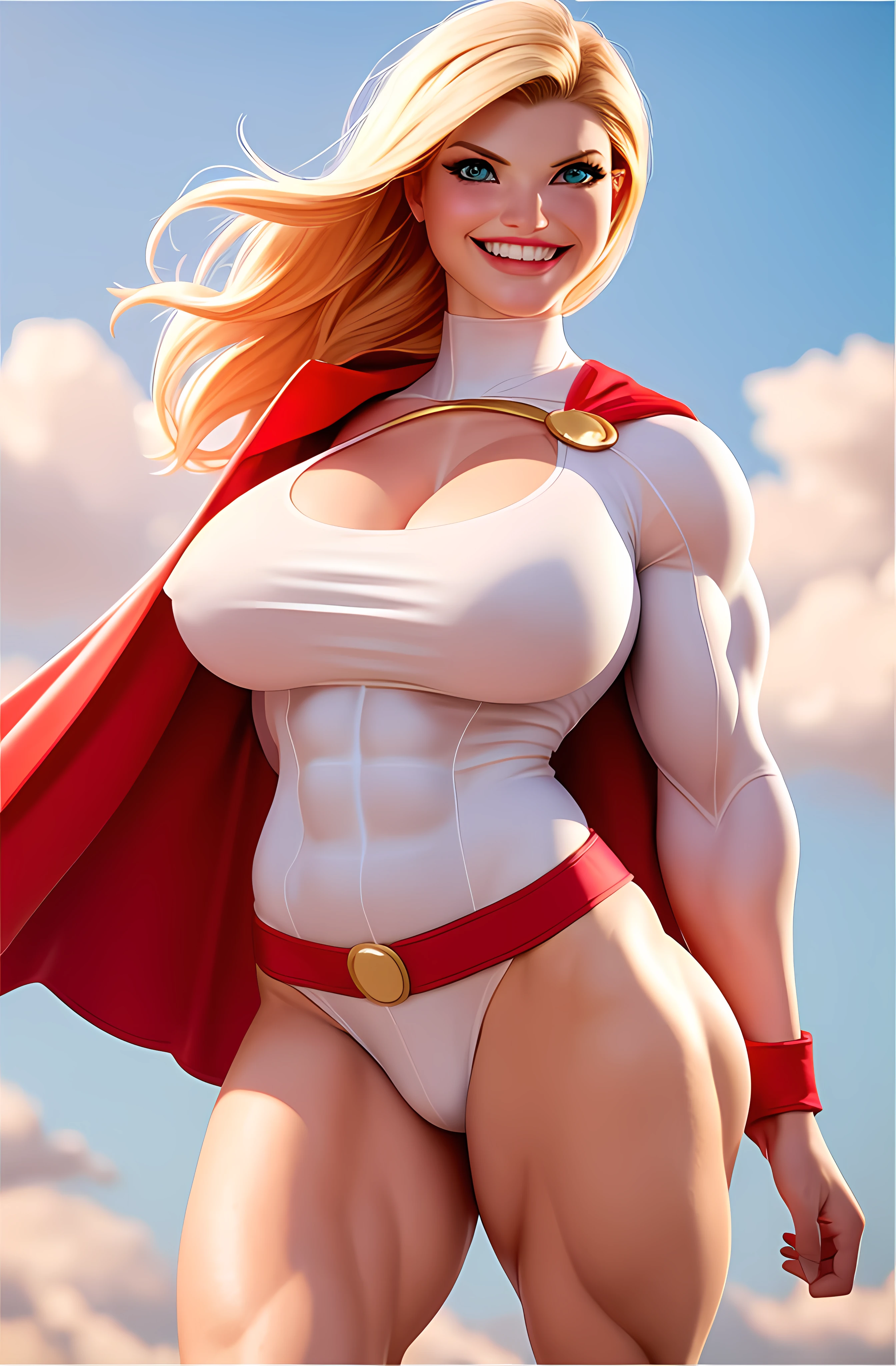 best quality,4k,8k, high res, masterpiece:1.2),ultra-detailed, realistic, photorealistic:1.37, dynamic, action-filled background, bombshell young version of Cameron Diaz cosplaying as Power Girl, Flowing red cape, Hyper fit, incredible shape, cleavage focused, fun, charismatic, detailed eyes, detailed lips, beautiful engaging smile, sexy and confident, ((((huge muscles))))