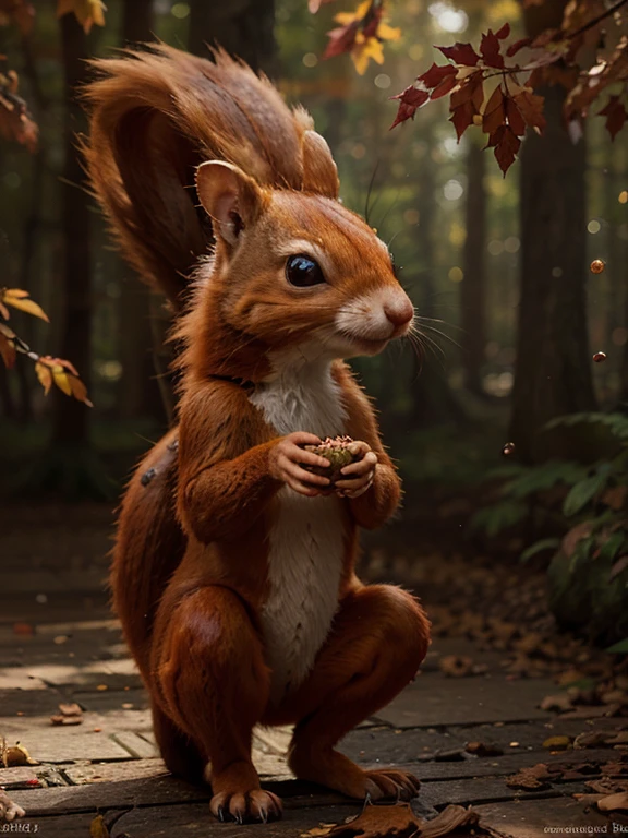A cute beautiful red squirell eating a hazelnut, autumn colors, deep color, fantastical, intricate detail, splash screen, complementary colors, fantasy concept art, 8k resolution trending on Artstation Unreal Engine 5