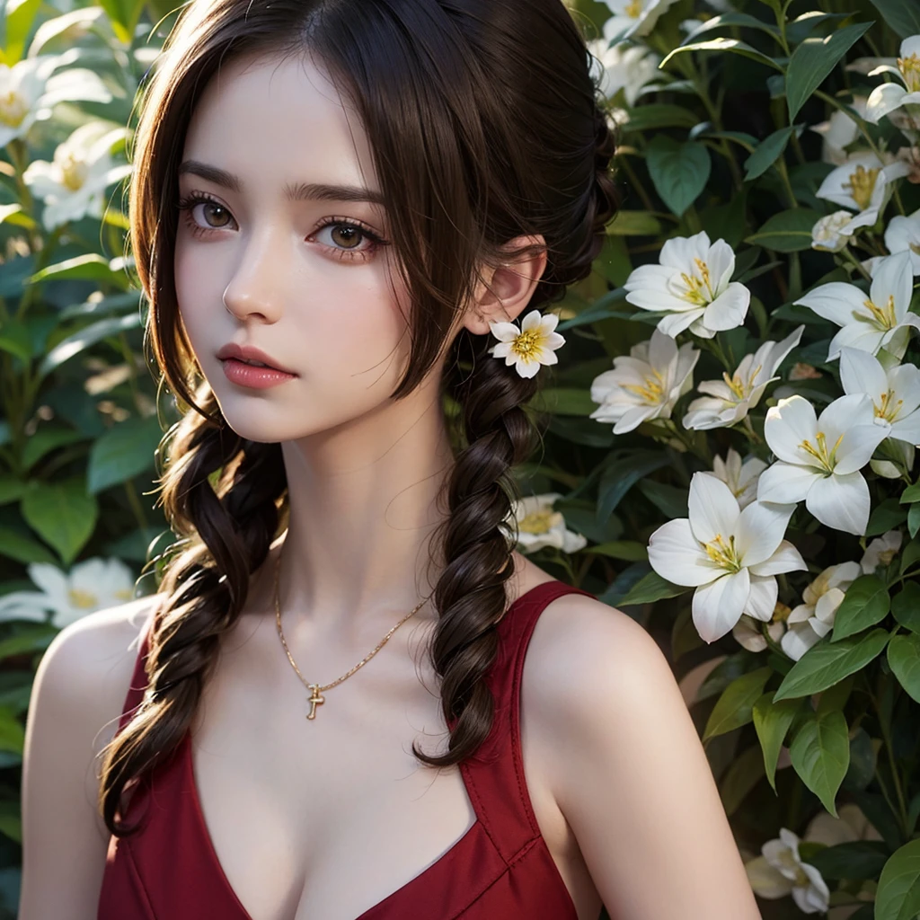 Trends on ArtStation, Trends on CGSociety, Intricate, High Detail, Sharp Focus, Dramatic, Aerith Gainsborough of Final Fantasy, Aerith's original Final fantasy 7 costume, 25 years old, mature looking, Realistic Art of Drawing , Sketch, Masterpiece, Best Quality, Very Detailed, 1girl, Half-body, close-up shot, beautiful red dress, standing position, have a magic wand , Beautiful Meticulous Eyes, Cute Face, beautiful skin, beautiful cleavage, big bossoms, Beautiful Meticulous Face, (Botanical Illustration: 1.5), bigger breasts, beautiful breasts, beautiful cleavage, aerith gainsborough, Detailedface, aerith gainsborough