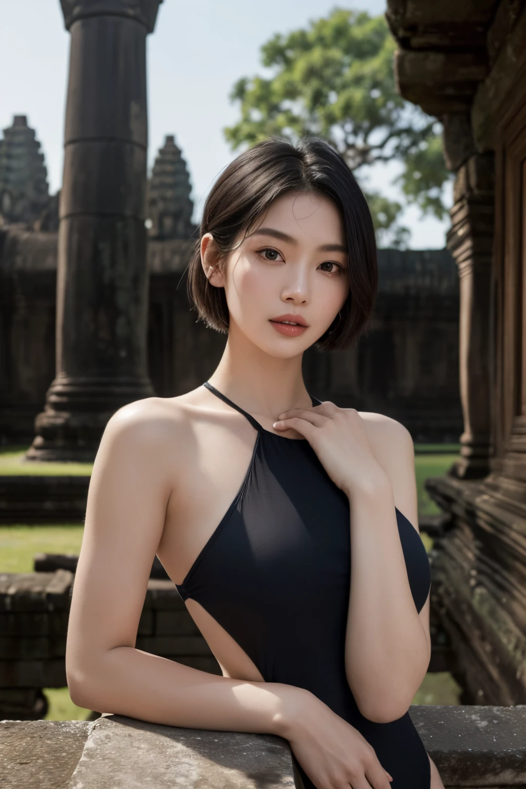 (Best quality, 8k, 32k, Masterpiece, UHD:1.2) "Create an art scene featuring a Japanese girl model with short black hair in a chic bob hairstyle, dressed in a stylish blue swimsuit, conducting a photoshoot amidst the majestic ruins of Angkor Wat. Envision the model striking elegant and confident poses against the backdrop of ancient temple ruins. Capture the blend of modern fashion and historical wonder, highlighting the model's poise and beauty juxtaposed with the grandeur of the ancient architecture. Utilize the intricate details of Angkor Wat's ruins and the natural beauty of the surroundings to create a visually stunning and captivating composition." portrait, girl, realhands, photorealistic, realistic ,photorealistic,realhands,realistic, ,girl, poses, more trees