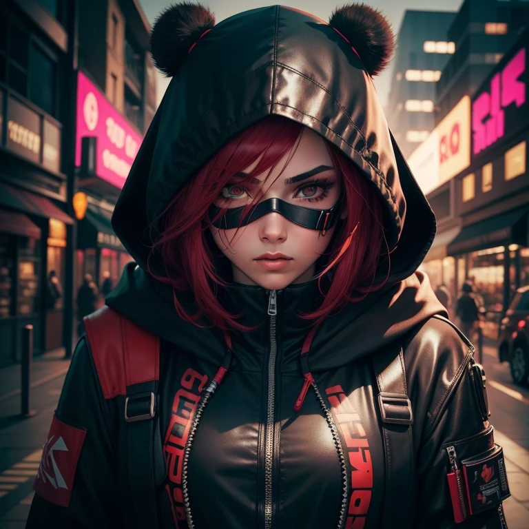 female character, hood, cyberpunk, red neon, mask, dark, eyes coming out fire From the side, he looks straight at you