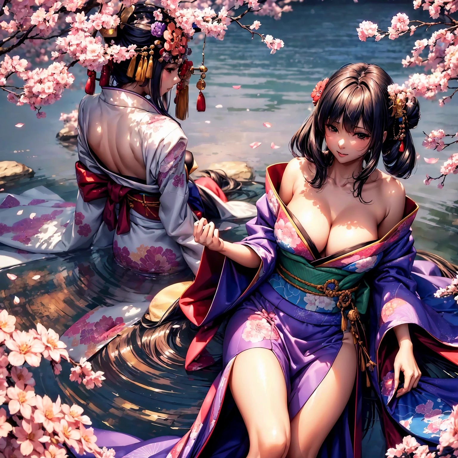 (top quality picture、masterpiece level、very high res、超A high resolution,High-quality detail)、(A 24-year-old woman with perfect and ultimate beauty.,beautiful breasts and body shape,Beautiful body,美丽的面容:1.5)、large pink,Japanese hair decoration,Wide variety of hairstyles,Beautiful hair,Realistic textures,(((She is wearing a Japanese kimono with beautiful colors.,Richly colored kimono,Shoulders exposed from kimono,I can see the cleavage))),has a bewitching smile,Inviting gaze,Mouth opens,The wind is blowing,Hair flutters under the influence of the wind,Kimono flapping due to the wind,The sleeves and obi of the kimono flutter in a radial pattern.,Vibrant poses,Japanese garden,The cherry tree,Beautiful Landscapes,(The whole body,thigh visible,accurate anatomy、extremely detailed picture、Accurate images、Perfect Image 1.5)、beautiful anime woman, Beautiful Art Style, an animated character、(The whole picture、Detailed picture、Defect-free images、natural soft light、beautiful image),(Best Shot 1.2)