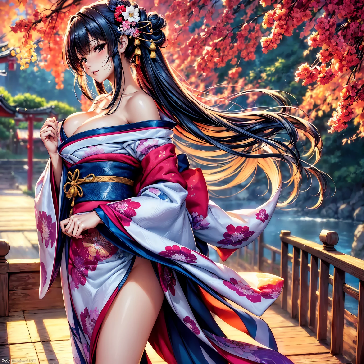 (top quality picture、masterpiece level、very high res、超A high resolution,High-quality detail)、(A 24-year-old woman with perfect and ultimate beauty.,beautiful breasts and body shape,Beautiful body,美丽的面容:1.5)、large pink,Japanese hair decoration,Wide variety of hairstyles,Beautiful hair,Realistic textures,(((She is wearing a Japanese kimono with beautiful colors.,Richly colored kimono,Shoulders exposed from kimono,I can see the cleavage))),has a bewitching smile,Inviting gaze,Mouth opens,The wind is blowing,Hair flutters under the influence of the wind,Kimono flapping due to the wind,The sleeves and obi of the kimono flutter in a radial pattern.,Vibrant poses,Japanese garden,The cherry tree,Beautiful Landscapes,(The whole body,thigh visible,accurate anatomy、extremely detailed picture、Accurate images、Perfect Image 1.5)、beautiful anime woman, Beautiful Art Style, an animated character、(The whole picture、Detailed picture、Defect-free images、natural soft light、beautiful image),(Best Shot 1.2)