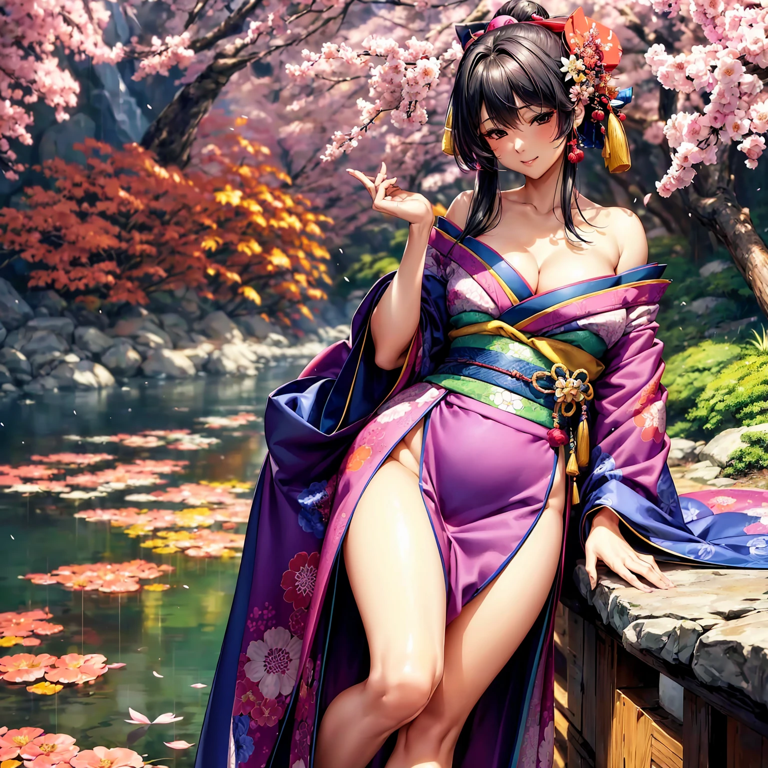 (beautifull lady with very gigantic breast, medium ponytail hair, spread legs near sakura tree) , (braless), (detailed luxury purple summer kimono), (show cleaveage), (show underboobs) , (show sideboobs), (show thigh), (detailed hairpin), (very gigantict:1,9), beautifull sakura tree, detail sakura tree, detail flower field, detail flower background, beautifull face, pretty face, beautifull eyes, beautifull nose, sexy lips, beautifull nails, raytracing, nsfw, beautifull fingers, beautifull hands, sexy belly, sexy body, sexy shoulders, sexy legs, sexy hips, (luxury bracelet), (luxury ring), (luxury earring), (luxury necklace), black nails , blue eye, (4 fingers in 1 hand), white skin, full body picture, pretty makeup, pubic hair